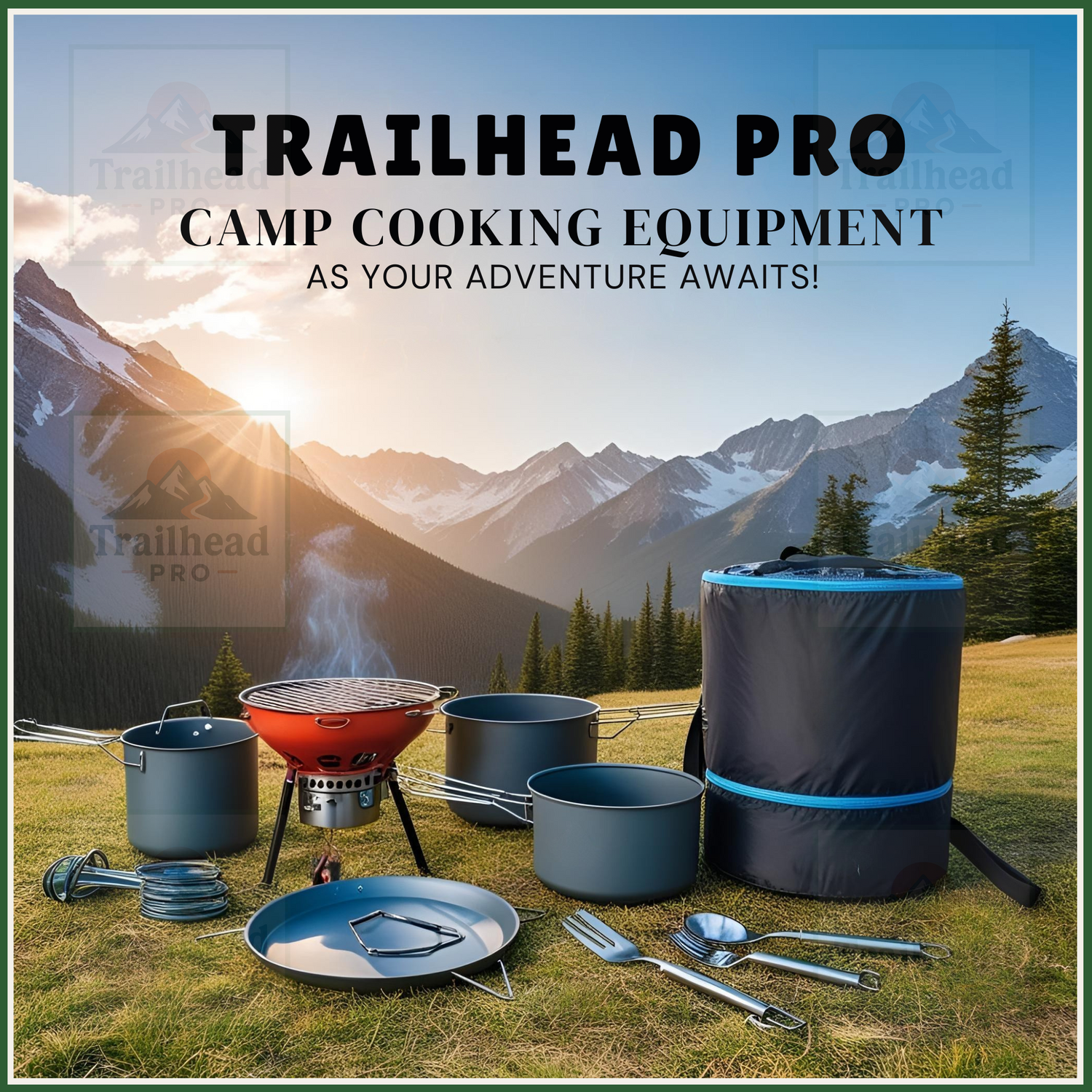 “Essential camp cooking equipment, including stoves, cookware, and portable grills for outdoor meals”